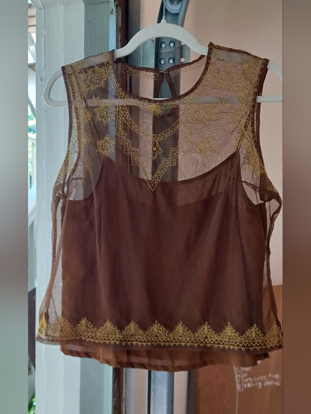 Y2K Brown Mesh Crop Top With Golden Embroidery
